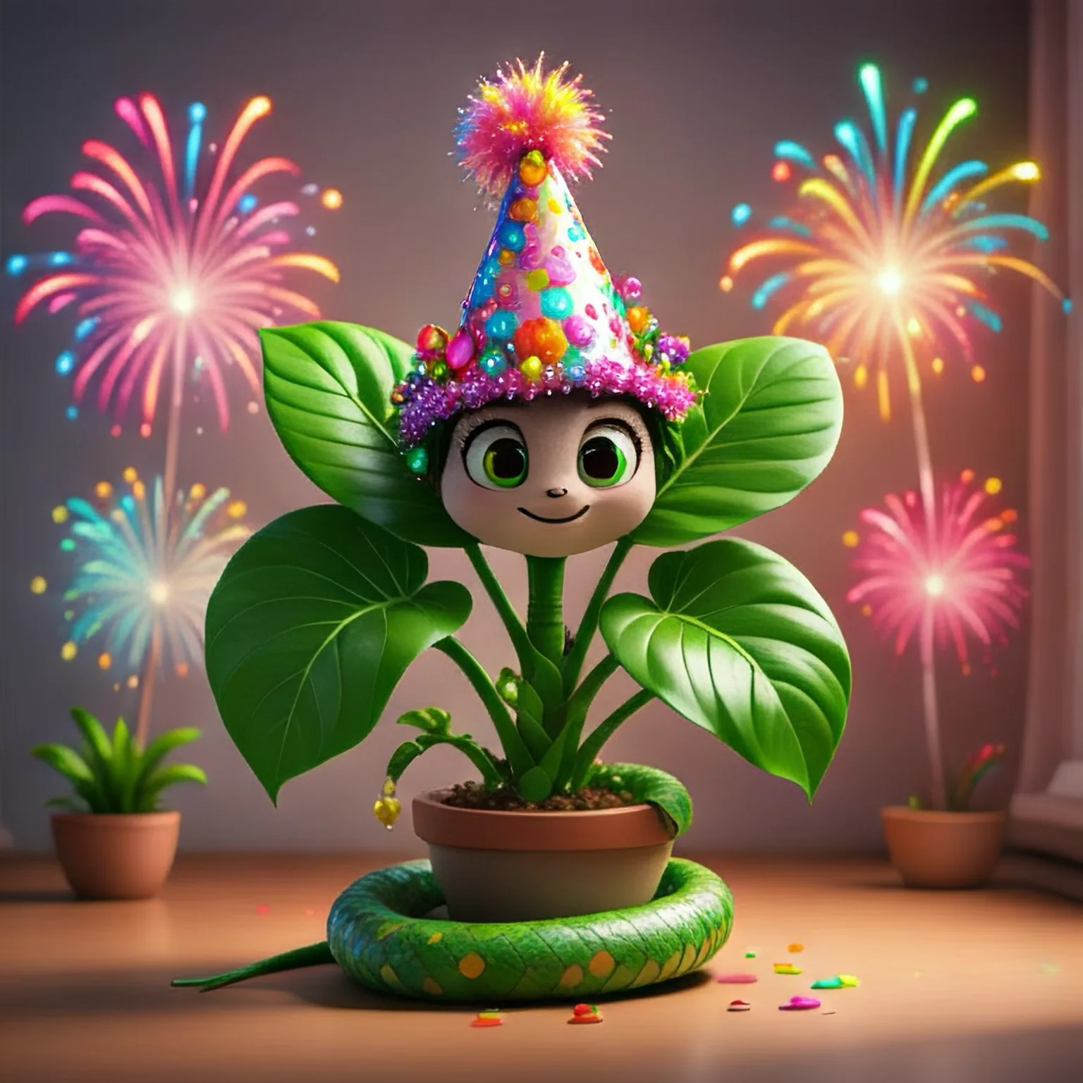 A happy plant with a face. And fireworks!