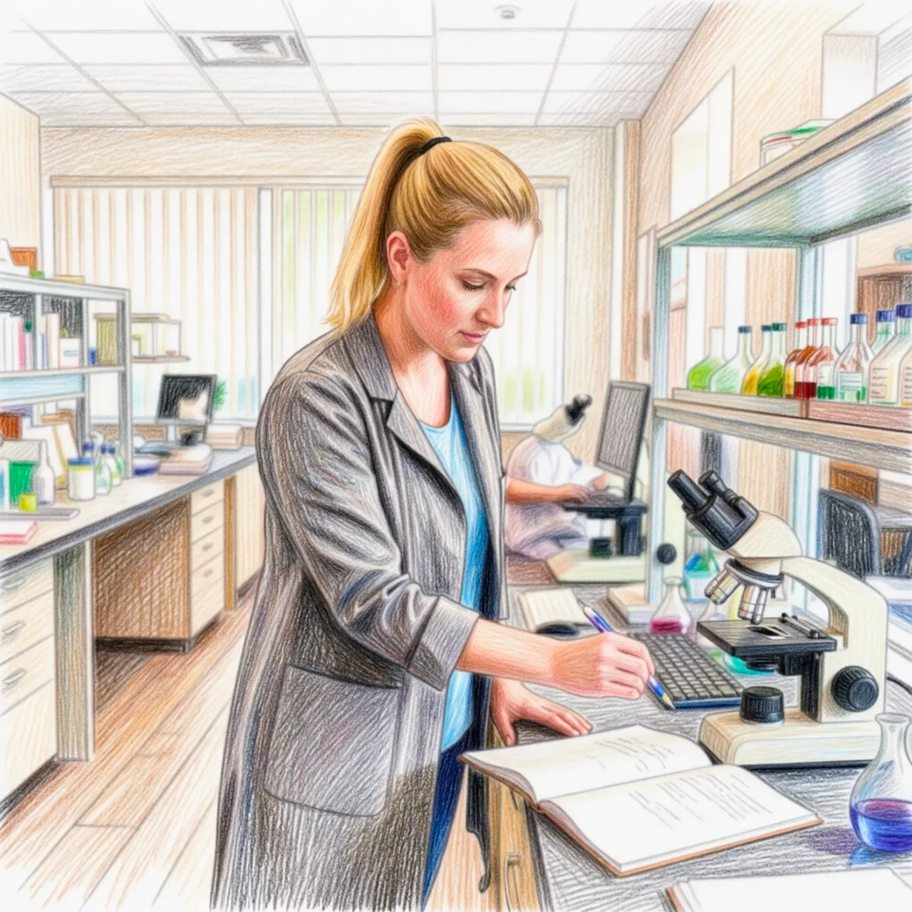 A laboratory shown with a female presenting human holding a pen over an open journal. An non-descript arm seen in the background, operating a computer, the supposedly attached person hidden behind the frontmost one.